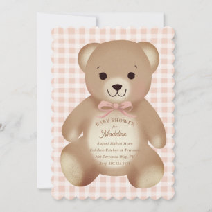 Invitación Osito de peluche con lazo de tela a cuadros rosa e