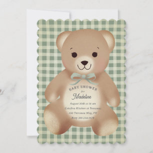 Invitación Osito de peluche con lazo Gingham Antiguo Verde mu