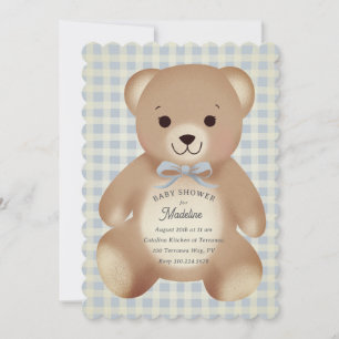 Invitación Osito de peluche con lazo Gingham Azul Antiguo