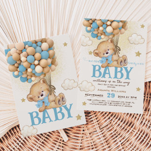 Invitación Osito de peluche globos azules Baby Shower	