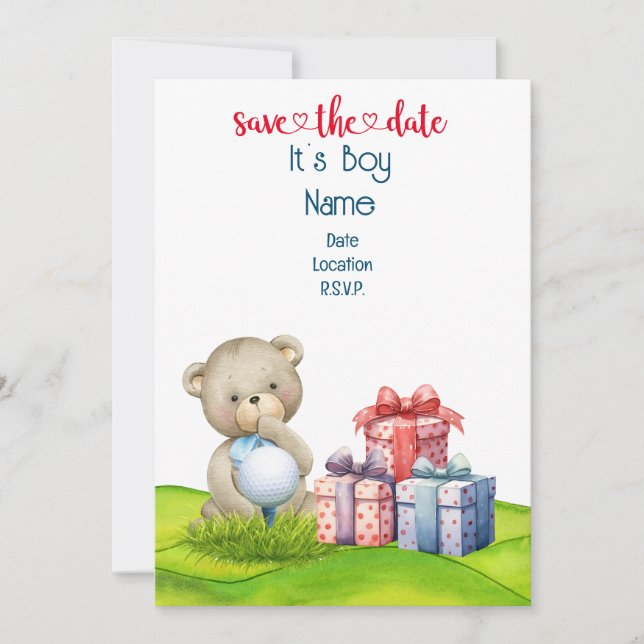 Invitación Osito de peluche golfista ¡Es niño para bebé golfi (Anverso)