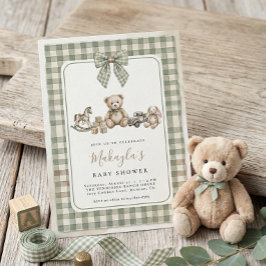 Invitación Osito de peluche lazo de gingham verde bebé shower