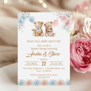 Invitación Osito de peluche lindo revelación de género rosas 