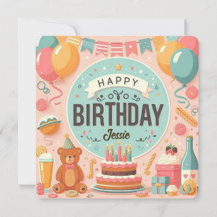 Invitación Osito de peluche lindo Rosa pastel Feliz cumpleaño