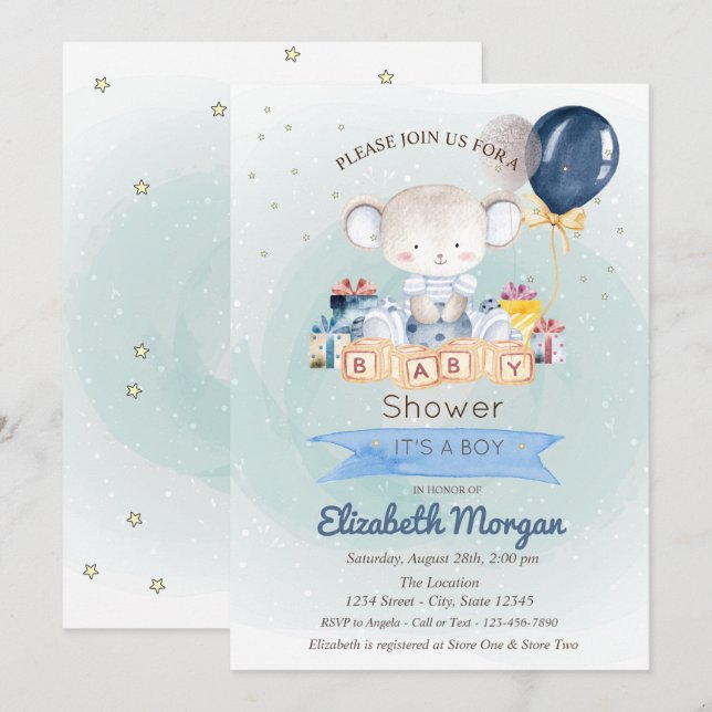 Invitación Osito de peluche lindo, Stars presenta ducha de be (Anverso / Reverso)