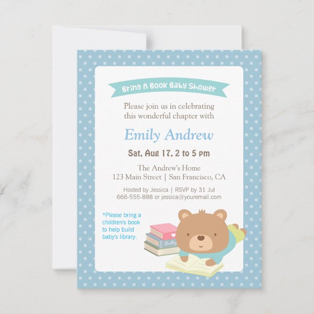 Invitación Osito de peluche lindo trae un libro Fiesta de beb (Anverso)