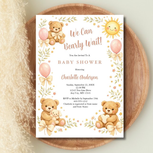 Invitación Osito de peluche para niñas No podemos esperar la  (Girls Teddy Bear, We Can Bearly Wait Baby Shower Invitation. Printed or Digital Download)