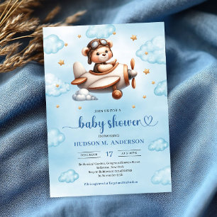 Invitación Osito De Peluche Piloto Azul Marrón Baby Shower  