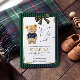 Invitación Osito de peluche Preppy azul y verde para Baby Sho