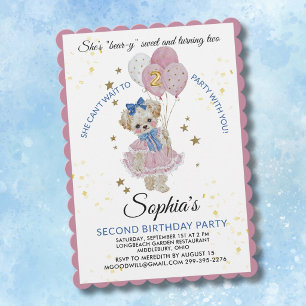Invitación Osito de peluche rosa lindo cumple 2 años niña 