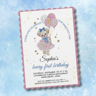 Invitación Osito de peluche rosa lindo cumpleaños niña 