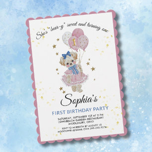 Invitación Osito de peluche rosa lindo cumpleaños niña 1 año