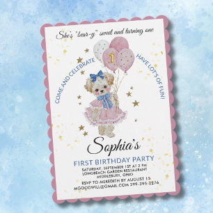 Invitación Osito de peluche rosa lindo niña cumple un año 