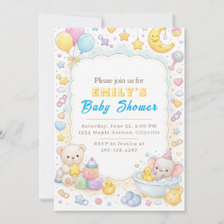 Invitación Osito de Peluche y Elefante Tiernos Pastel para Ba