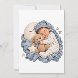 Invitación Osito de peluche y media luna azul con bebé durmie