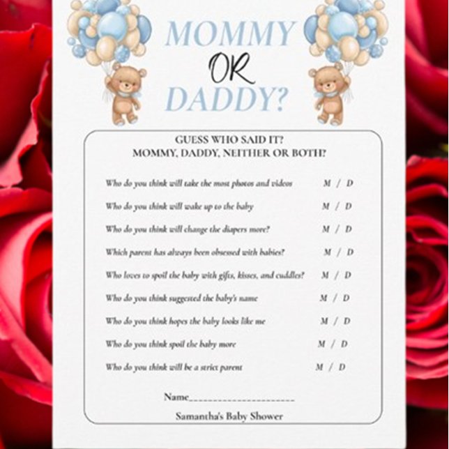 Invitación Osito de Revelación de Género Azul Mamá o Papá (Celebrate your little one with our Baby Shower Teddy Blue Mommy or Daddy theme)