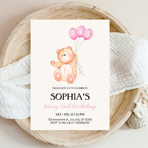 Invitación Osito Globo Rosa Cumpleaños 2 Teddy