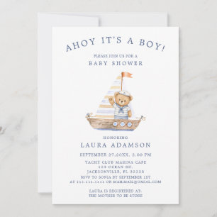 Invitación Osito Marinero Minimalista en Acuarela Azul
