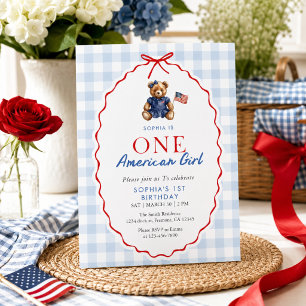 Invitación Osito Patriótico Elegante Niña Navy Gingham 1er