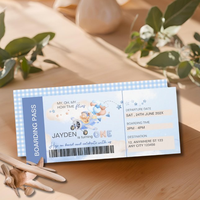Invitación Osito piloto azul pastel marrón en avión  (Subido por el creador)