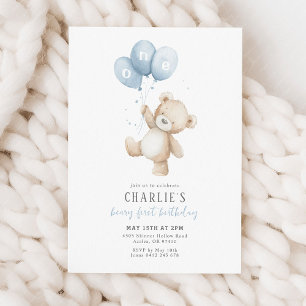Invitación Osito Primer Globo Azul Niño Cumpleaños 1 Teddy