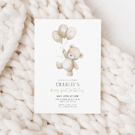 Invitación Osito Primer Globo Neutral Niño Cumpleaños 1 Teddy
