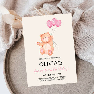 Invitación Osito Primero Globo Rosa Cumpleaños 1 Teddy