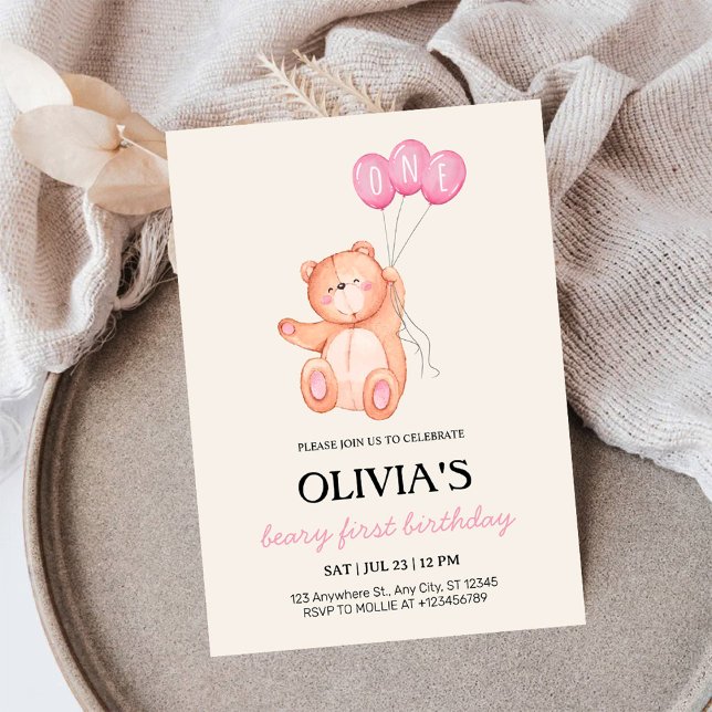 Invitación Osito Primero Globo Rosa Cumpleaños 1 Teddy (Subido por el creador)