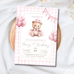 Invitación Osito Princesa Rosa Cumpleaños 1 Teddy Beary