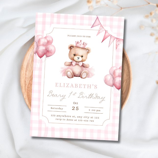 Invitación Osito Princesa Rosa Cumpleaños 1 Teddy Beary (Subido por el creador)