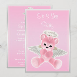 Invitación Osito Teddy Ángel Rosa Sip & See