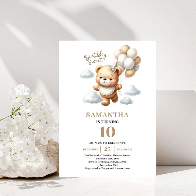 Invitación Ositos de Cumpleaños Globos Dorados Fiesta (10th Birthday Teddy Bear Gold Balloons Party Invite)