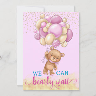 Invitación Ositos de peluche con globos rosados y dorados par