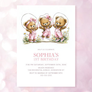 Invitación Ositos de peluche con overoles rosados para niña e