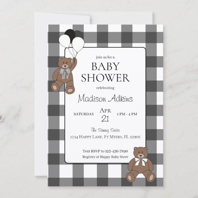 Invitación Ositos de peluche en Vichy negro Baby Shower (Anverso)
