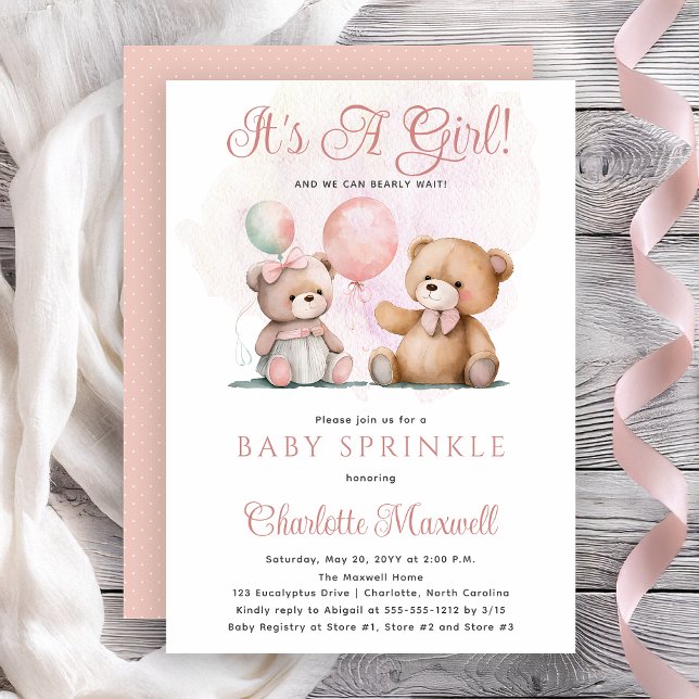 Invitación Ositos de peluche Es una niña Casi no podemos espe (Teddy Bears It's A Girl Bearly Wait Baby Sprinkle Shower Invitation -- Print | Digital Download)