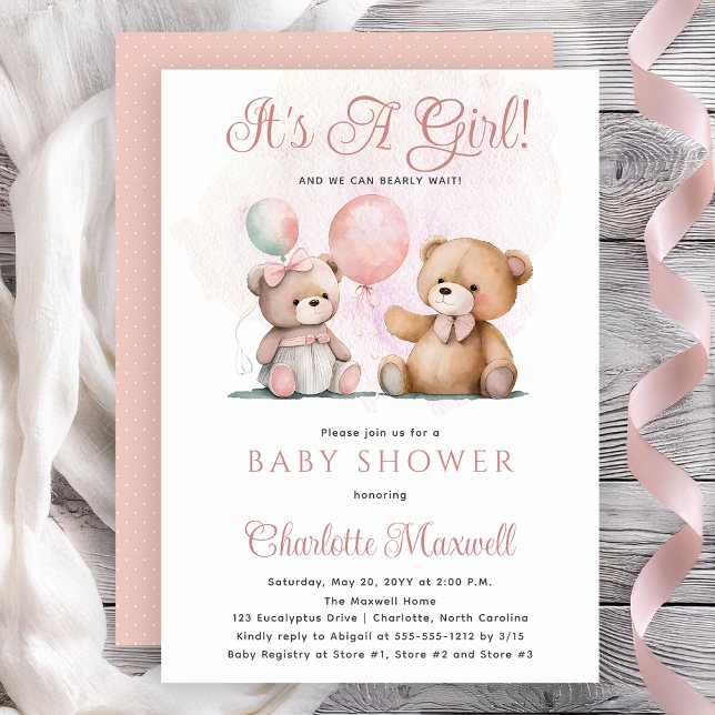 Invitación Ositos de peluche Es una niña Esperamos con ansias (Teddy Bears Balloons It's A Girl Bearly Wait Baby Shower Invitation -- Print | Digital Download)