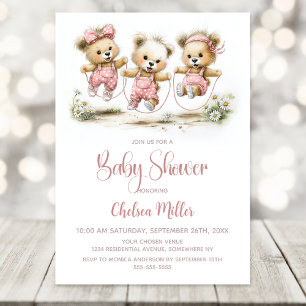Invitación Ositos de peluche niñas con overoles de lunares ro