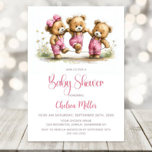 Invitación Ositos de peluche niñas en overoles rosados Cumple