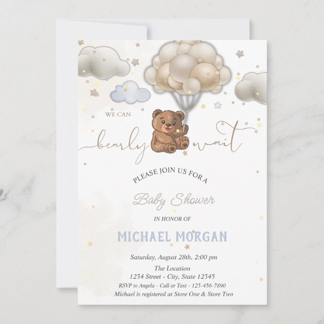 Invitación  Ositos Estrellas Globos Nubes Baby Shower  (Anverso)