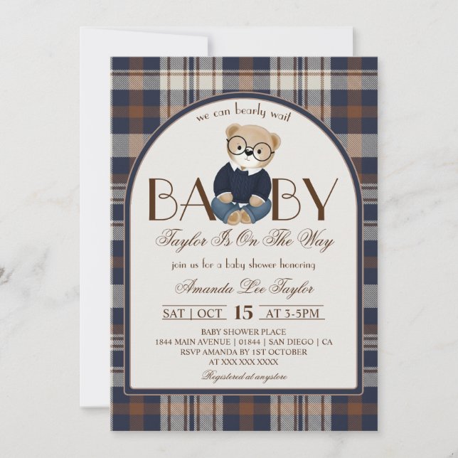 Invitación Oso Apenas Espera Lujo Chico Fiesta de Bebé (Anverso)