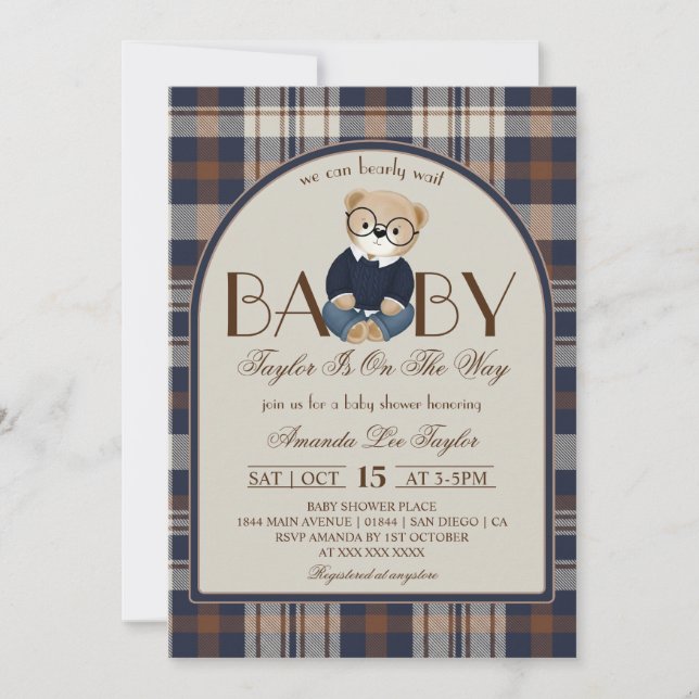 Invitación Oso Apenas Espera Lujo Chico Fiesta de Bebé (Anverso)