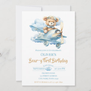 Invitación Oso Aviador Acuarela Cumpleaños Bear-y Primero