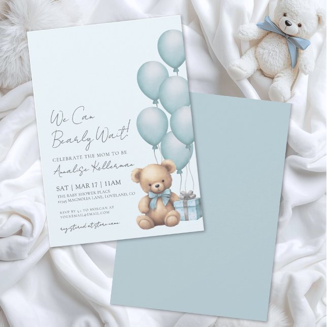 Invitación Oso Azul Apenas Podemos Esperar Fiesta de Bebé (Bear Blue We Can Bearly Wait Baby Shower Invitation)