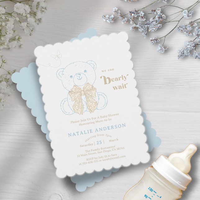 Invitación Oso Azul lindo Podemos Esperar Baby Shower (Cute Blue Bear We Can Bearly Wait Baby Shower Invitation)