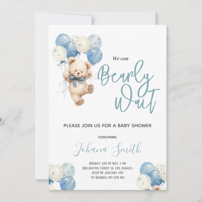 Invitación Oso Azul Podemos esperar a Baby Shower (Anverso)
