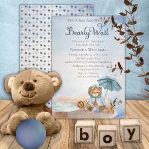 Invitación Oso   Baby Shower Blue Umbrella Bearly Wait Boy