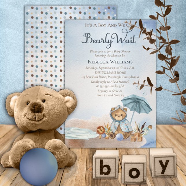 Invitación Oso | Baby Shower Blue Umbrella Bearly Wait Boy (Subido por el creador)