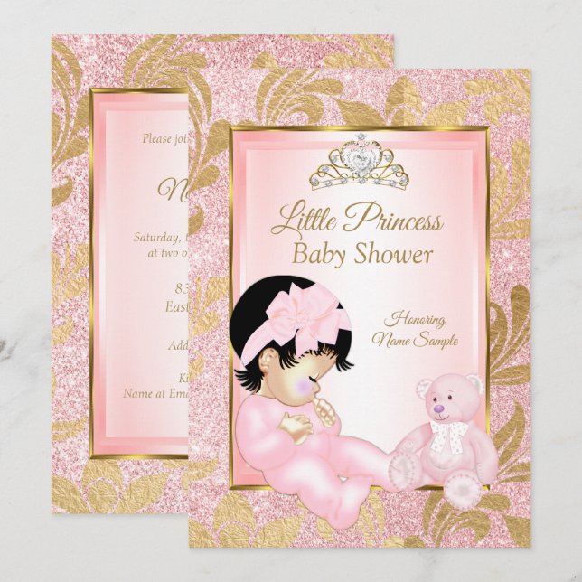 Invitación Oso Baby Shower de Purpurina rosado (Anverso / Reverso)
