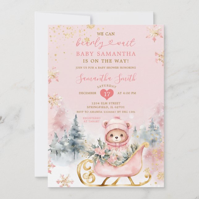 Invitación Oso Baby Shower del bosque de invierno Pink Bearly (Anverso)